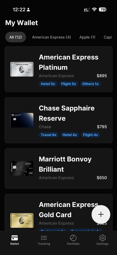 Reward Tracker My Wallet view listing premium credit cards like American Express Platinum, Chase Sapphire Reserve, and Marriott Bonvoy Brilliant with their annual fees